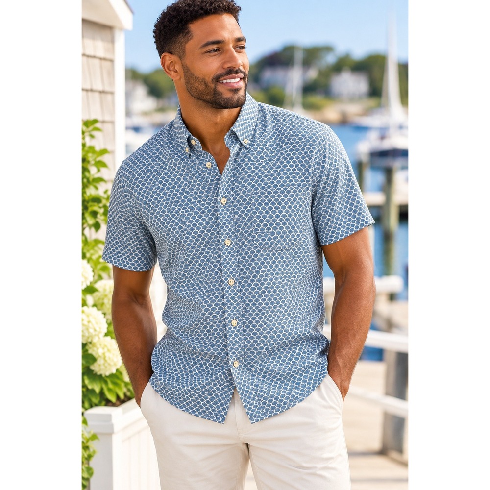 Faherty Stretch Playa Shirt Mens Blue Fish Scale Short Sleeve Cotton Button Down